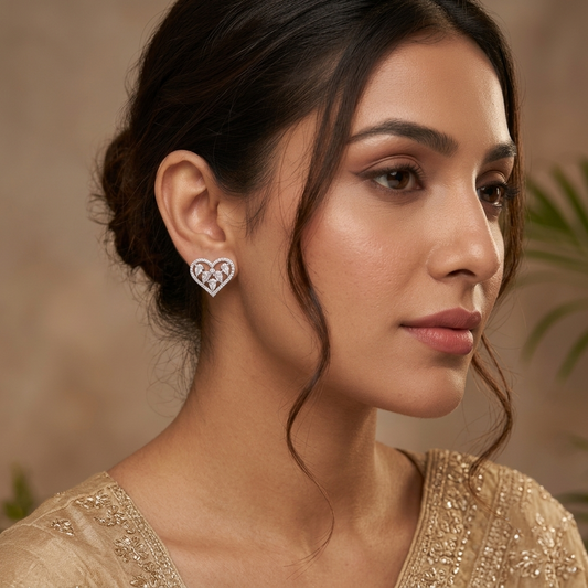 Silver-Tone Heart Shaped Stone Stud Earrings
