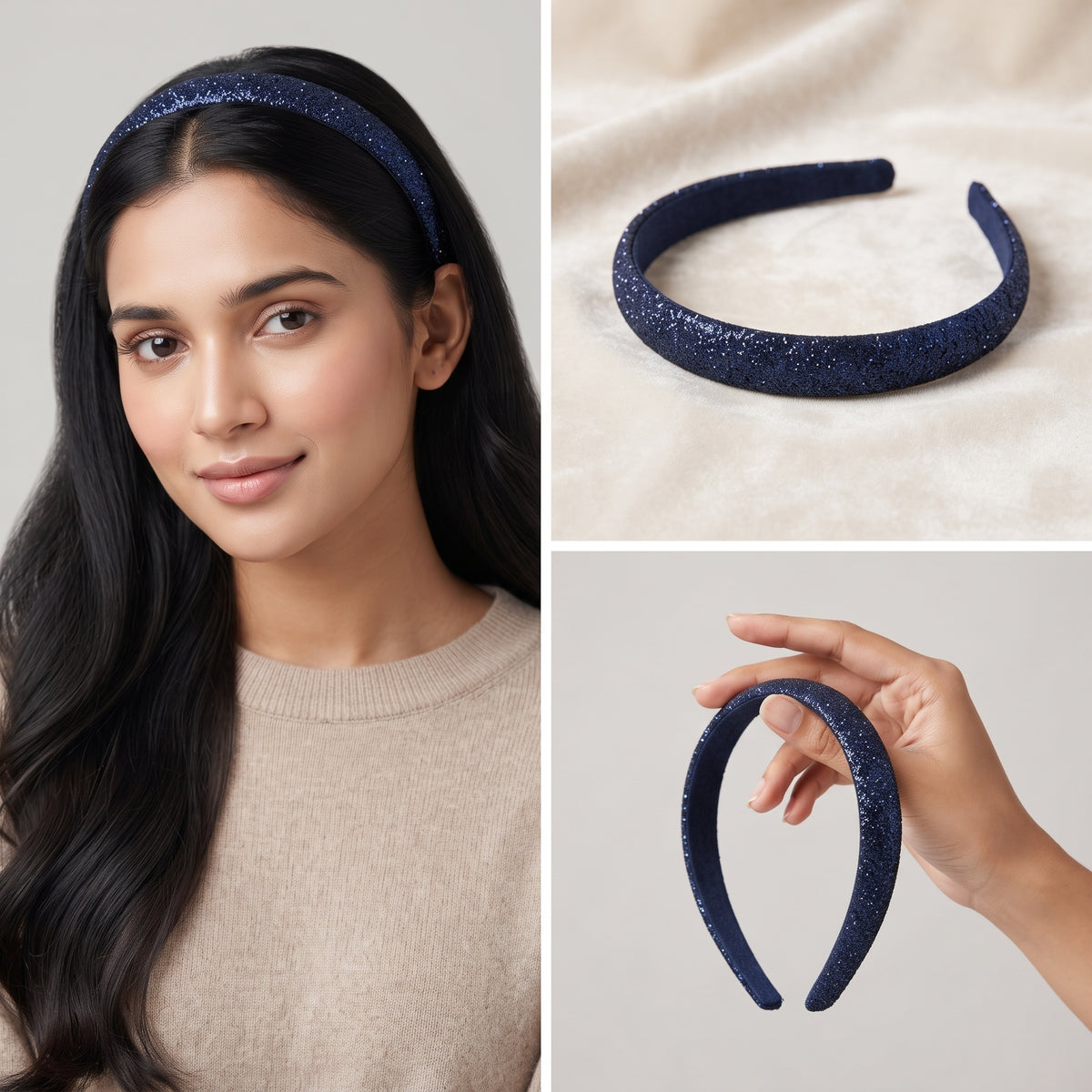 Luxury Navy Blue Shimmer Wide Headband Sparkly Midnight Blue Padded Hairband