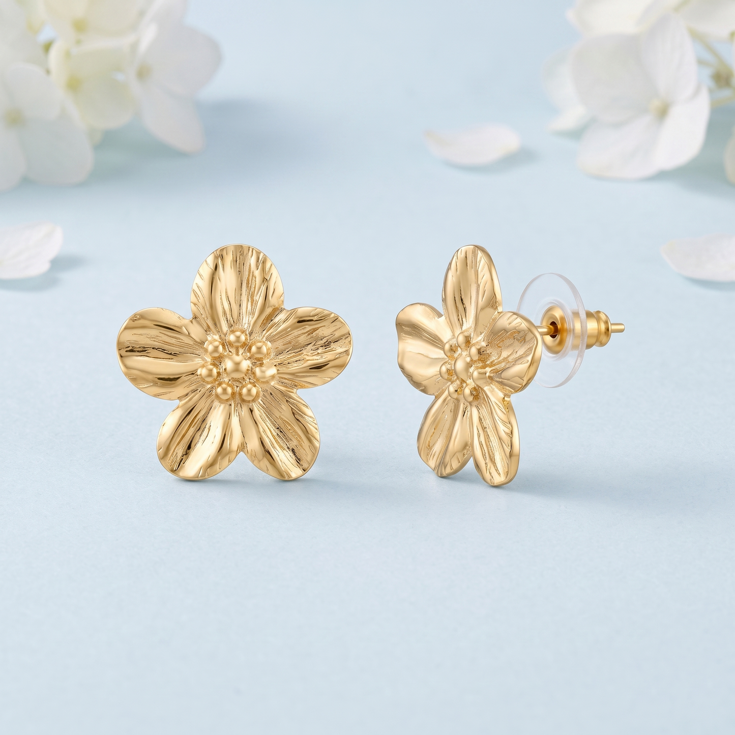 Gold Toned Brass Flower Necklace, Earrings And Ring Set