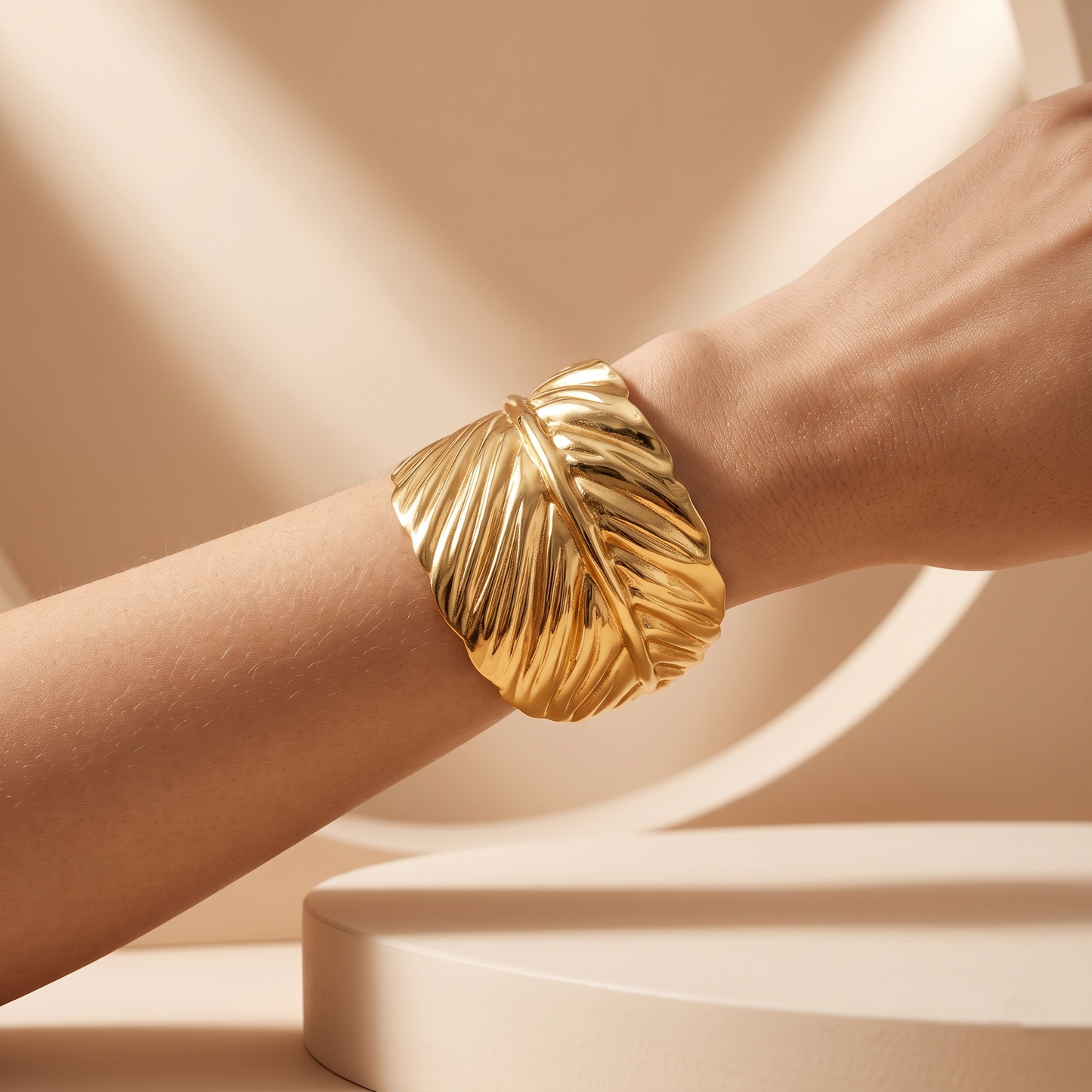Gold Toned Brass Leaf Wrap Cuff Bangle