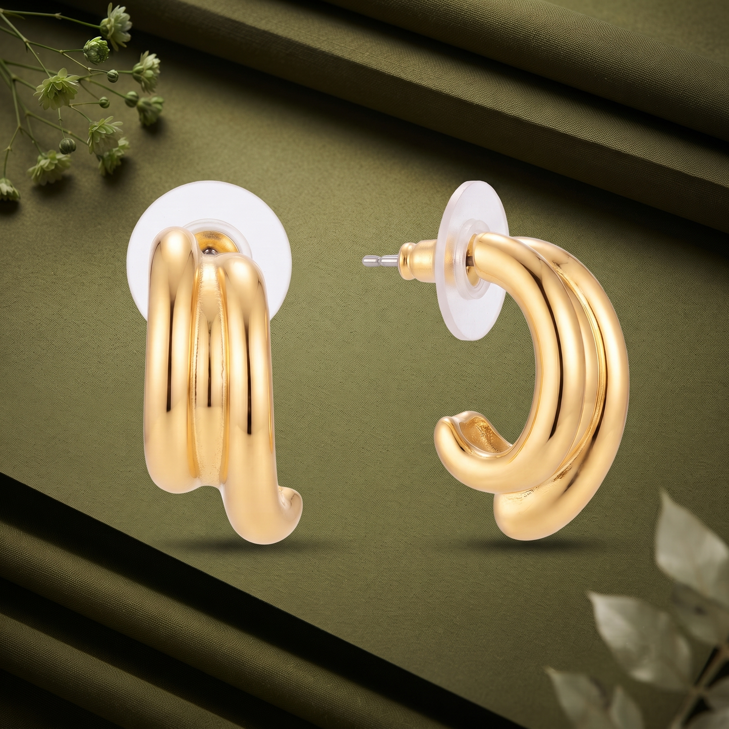 Gold Plated Brass Twisted Curved Hoop Earrings