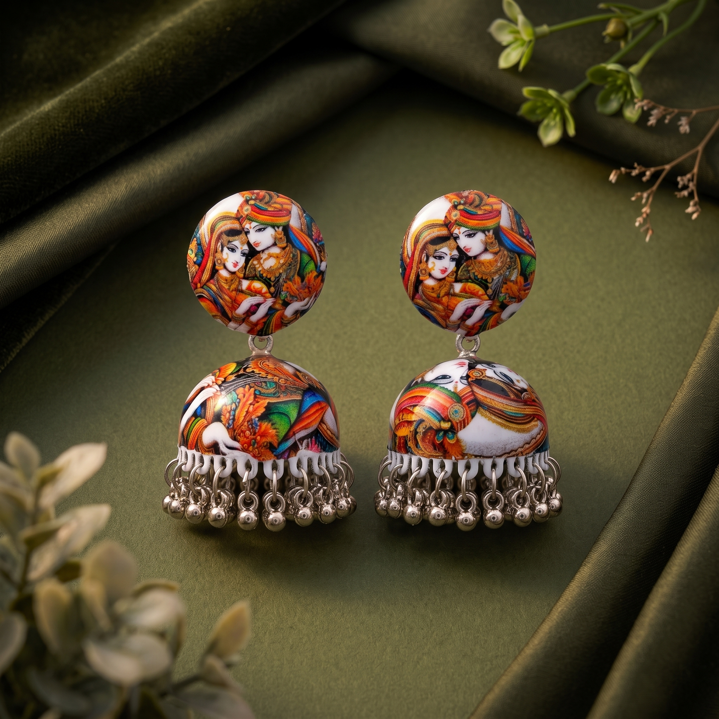 Silver Toned Brass Radha Krishna Print Jhumka Earrings
