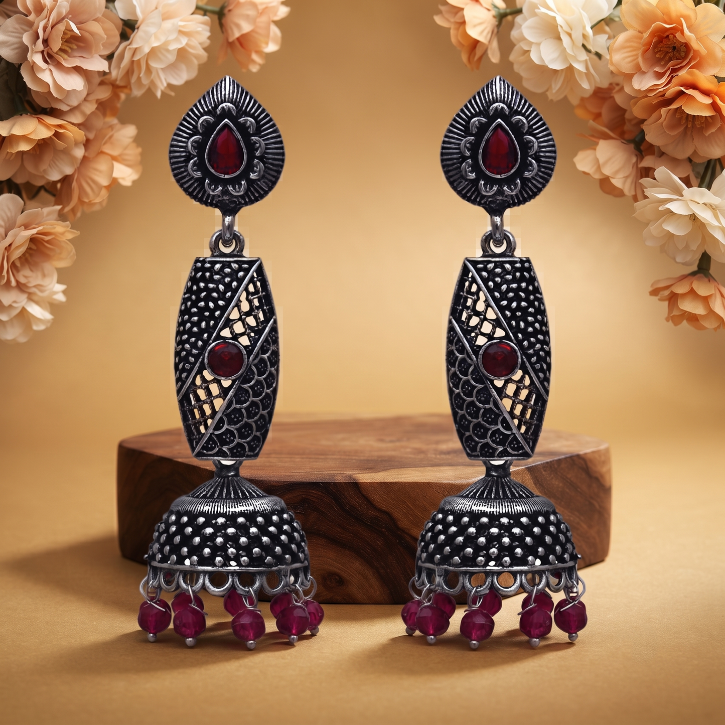Long Maroon Stone Jhumka Earrings