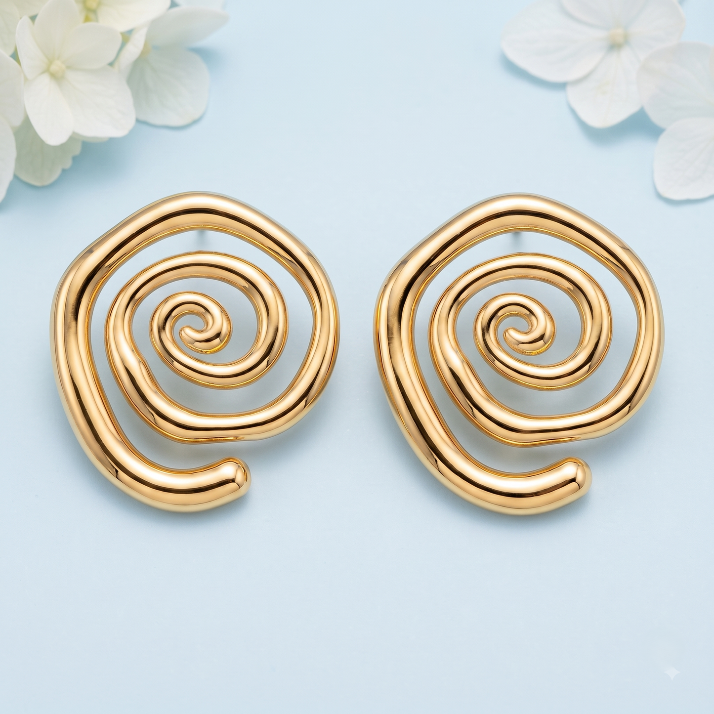 Gold Toned Brass Spiral Swirl Stud Earrings