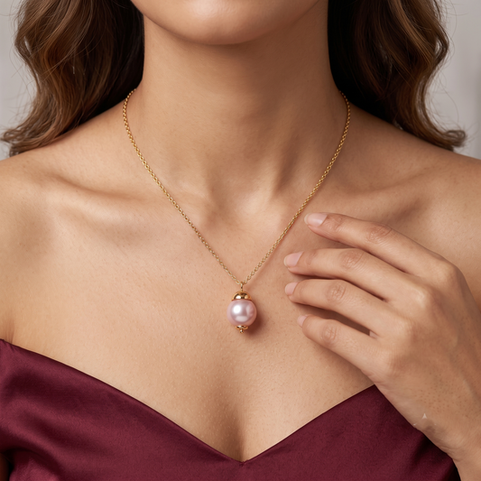 Gold Plated Brass Pink Pearl Drop Pendant Necklace
