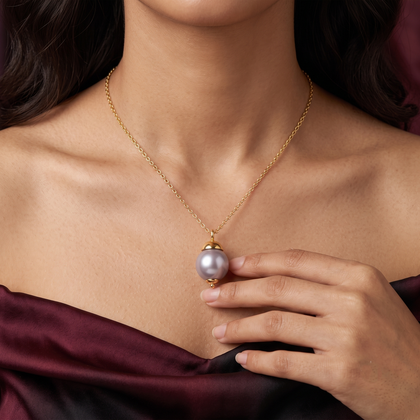 Gold Plated Brass Lavender Pearl Drop Pendant Necklace