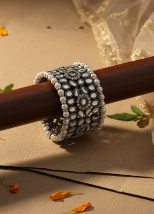 White Stone Pearl Oxidized Cuff Bracelet By 2wist Designs