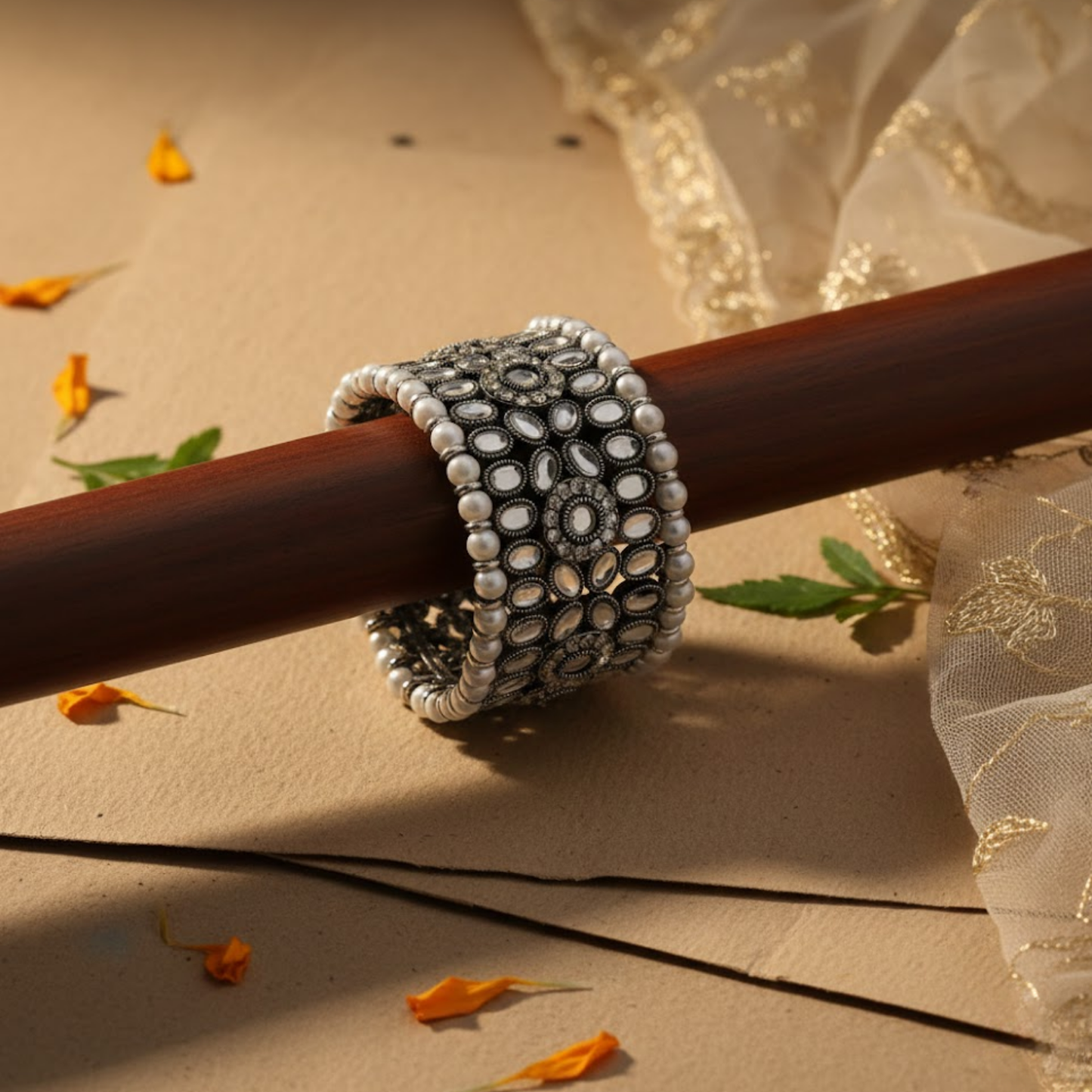 White Stone Pearl Oxidized Cuff Bracelet