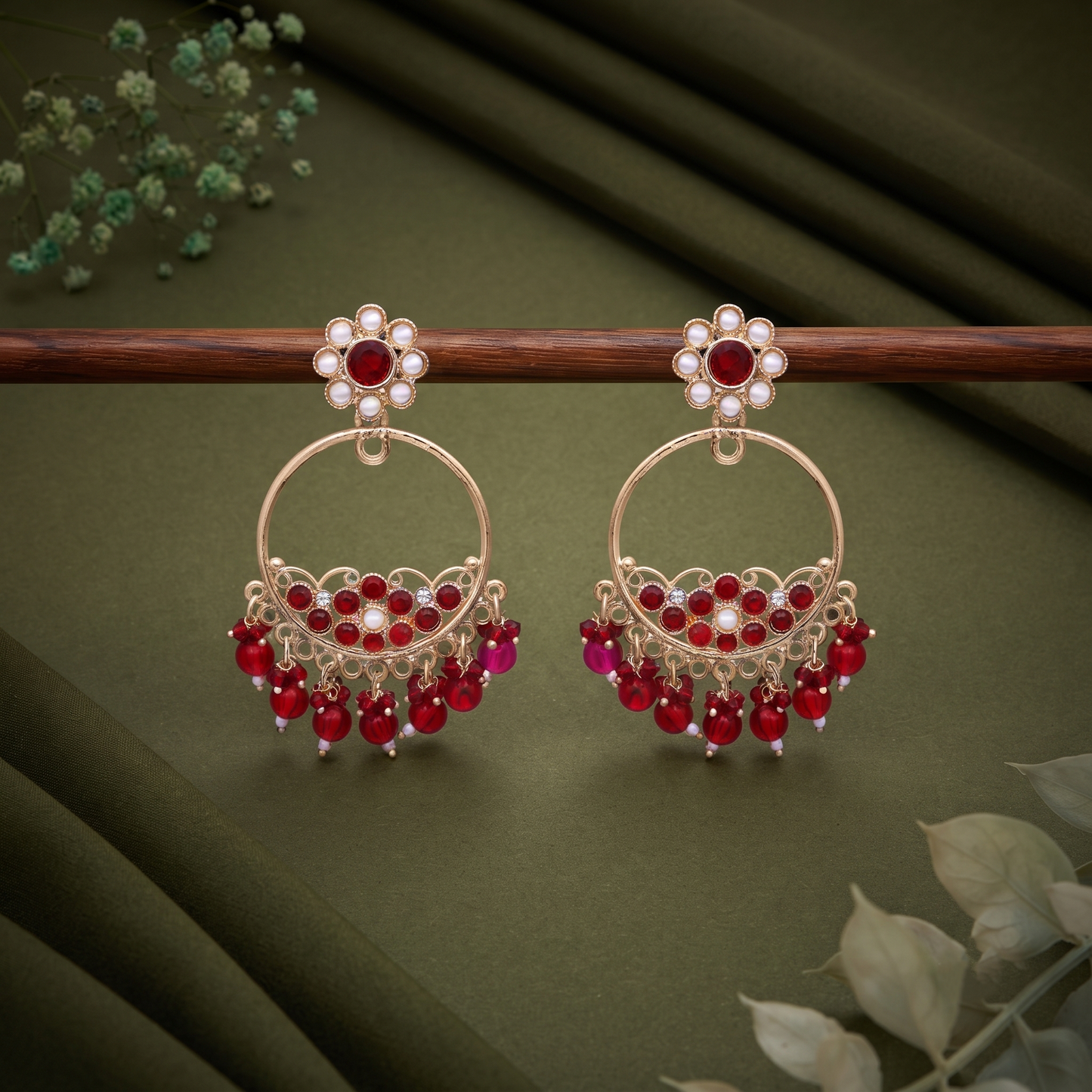 Circular Hoop Maroon Stone Earrings