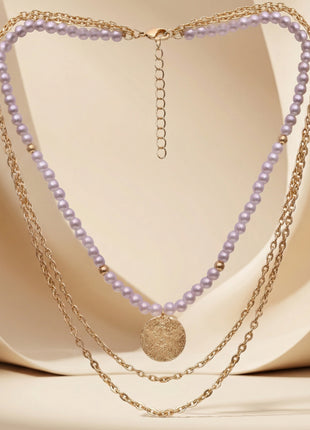 Gold-Plated Brass Triple-Layered Pearl And Textured Coin Necklace