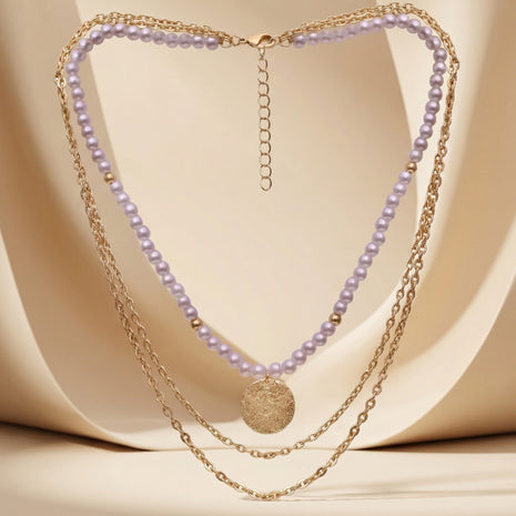 Gold-Plated Brass Triple-Layered Pearl And Textured Coin Necklace
