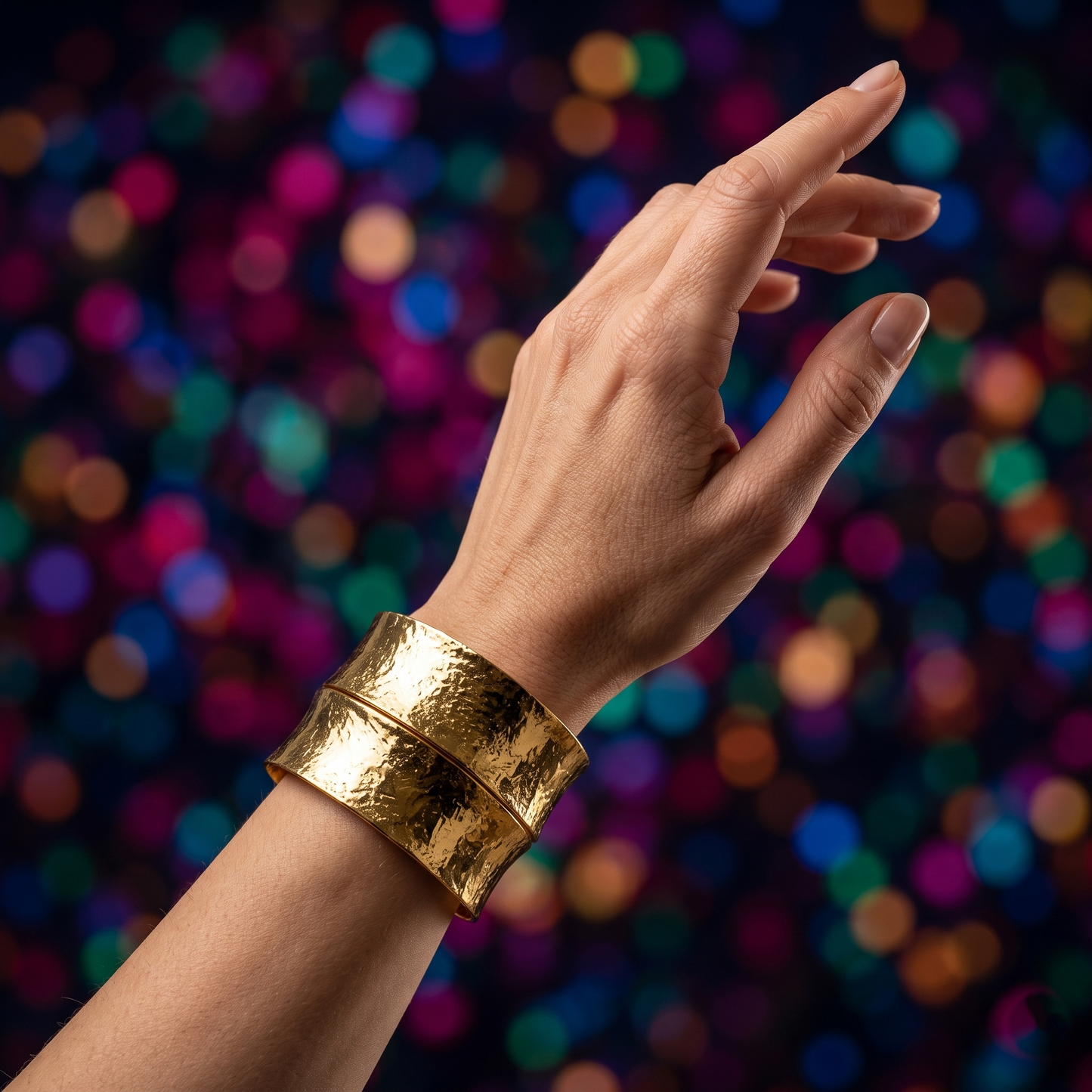 Gold Toned Brass Wide Hammered Cuff Bangle