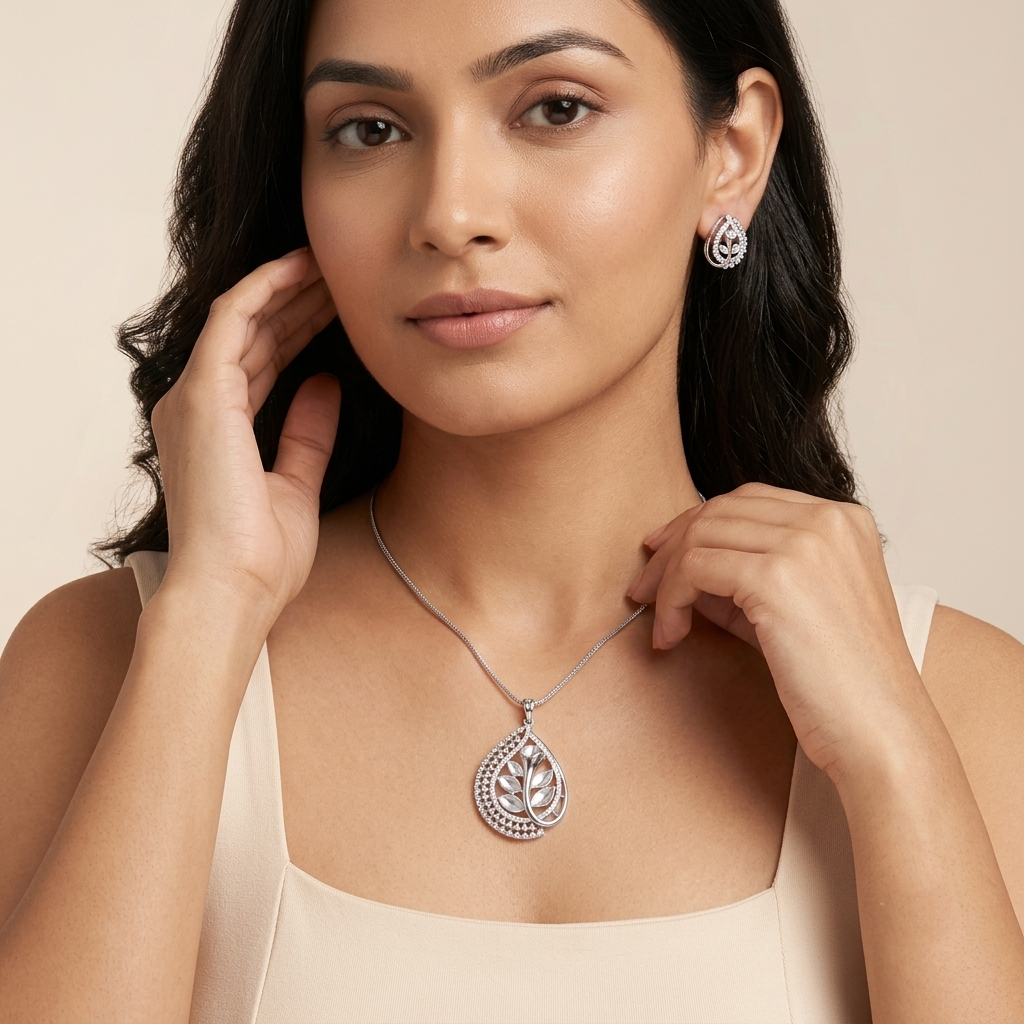 Elegant Botanical Teardrop Stone Pendant Set