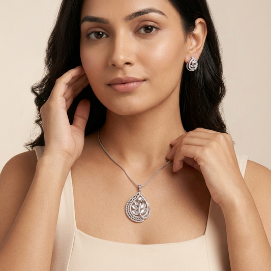 Elegant Botanical Teardrop Stone Pendant Set