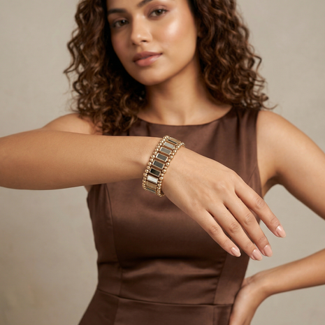 Gold Toned Brass Mirror Elasticated Bracelet