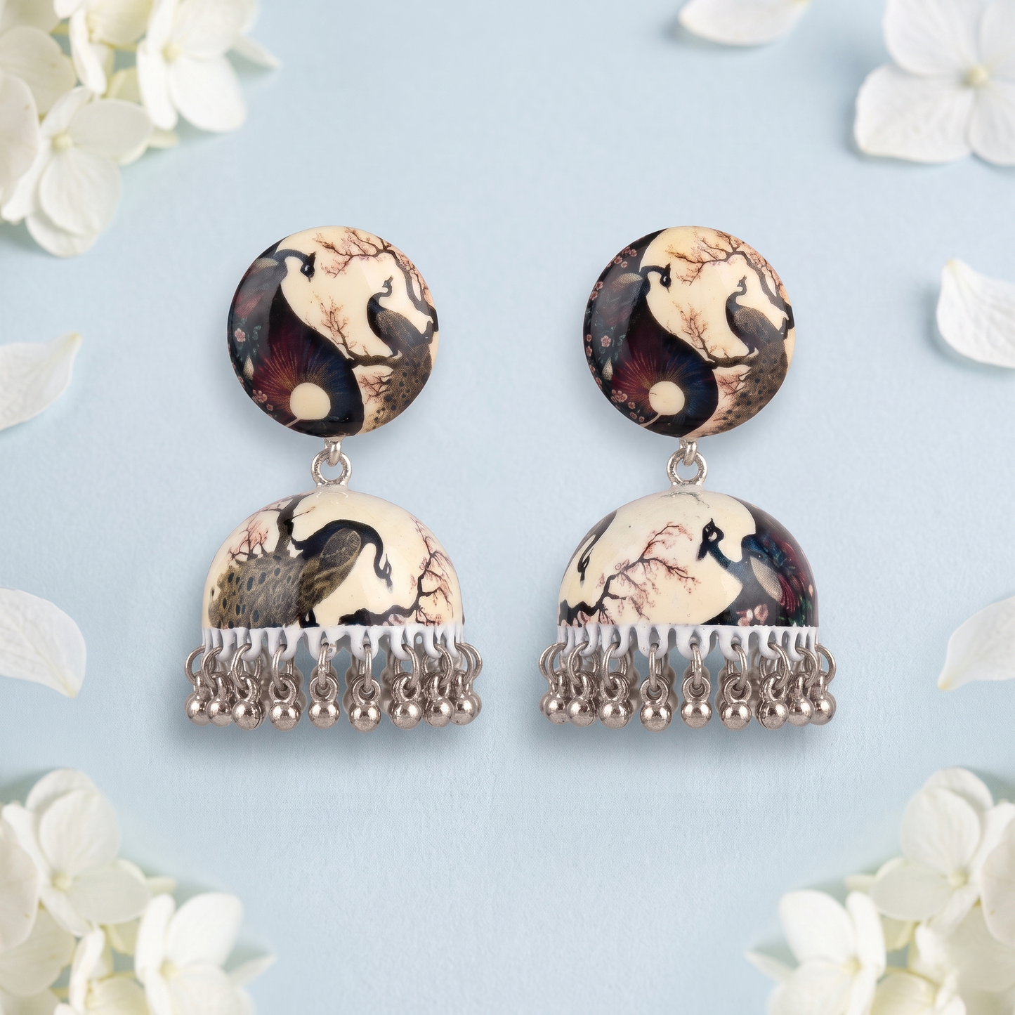 Silver Toned Brass Peacock Print Jhumka Earrings