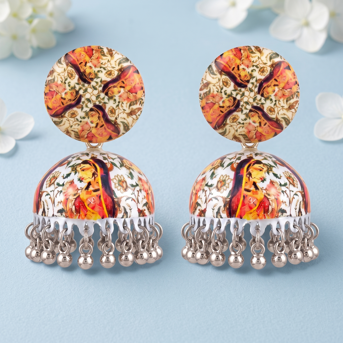 Silver Toned Brass Orange Floral Print Jhumka Earrings