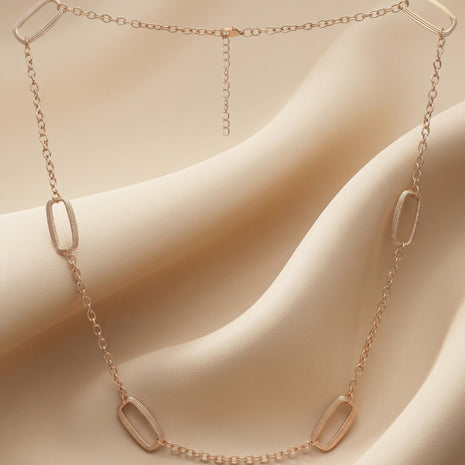 Rose Gold-Plated Brass Geometric Oval Link Stone-Studded Chain Necklace
