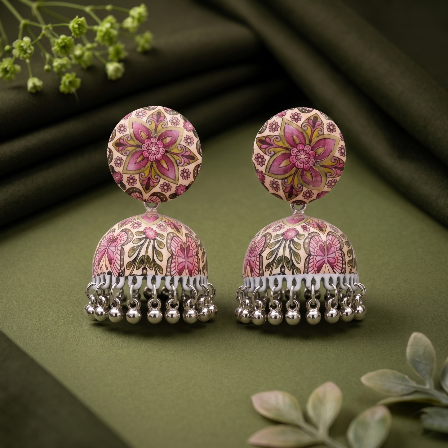 Silver Toned Brass Pink Floral Mandala Print Jhumka Earrings
