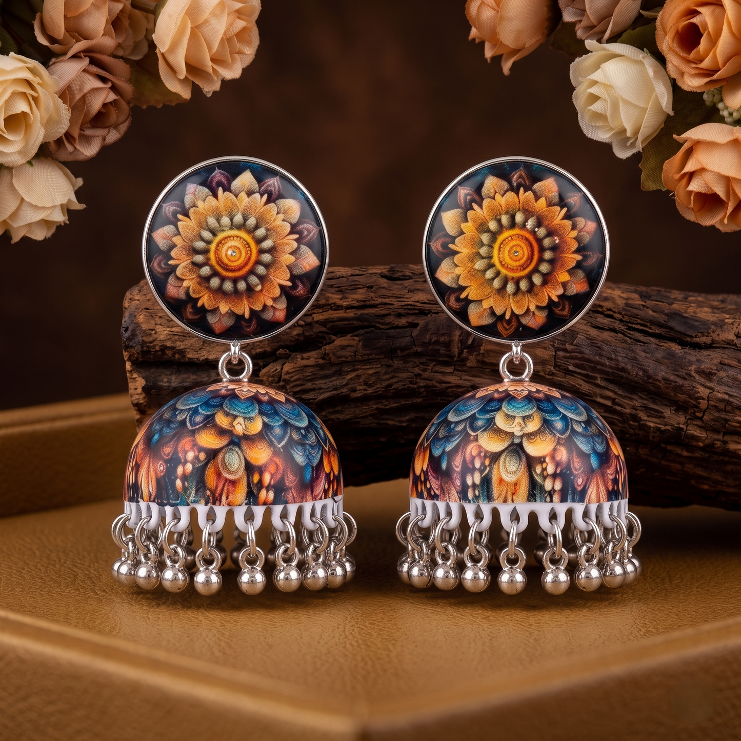 Silver Toned Brass Floral Mandala Print Jhumka Earrings