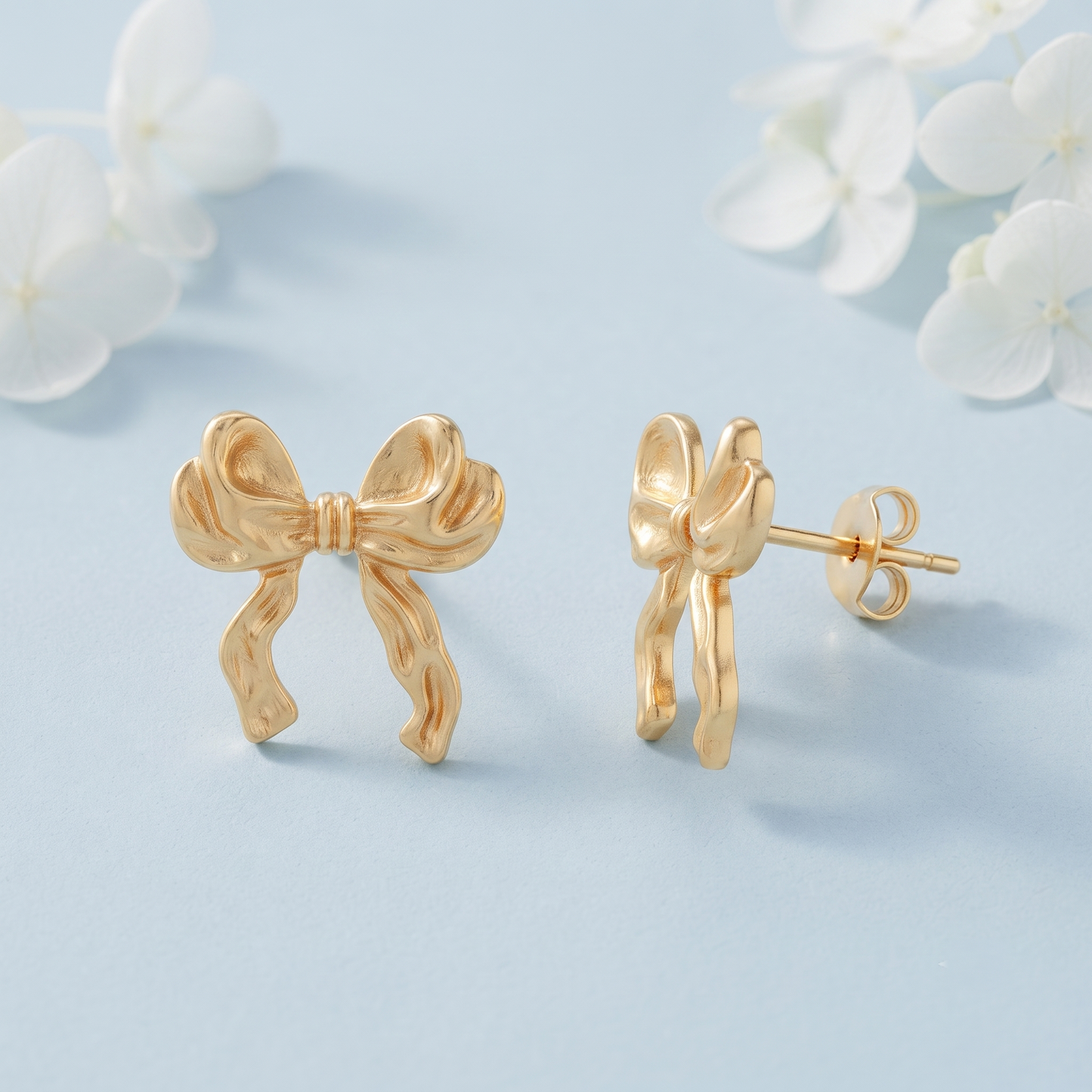 Gold Plated Brass Ribbon Bow Stud Earrings