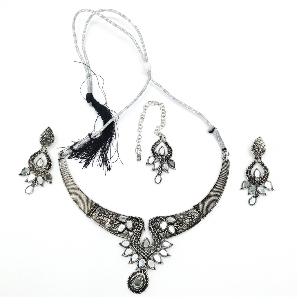 Oxidized Alloy Metal Statement Necklace Set with Matching Earrings With Maang Tikha