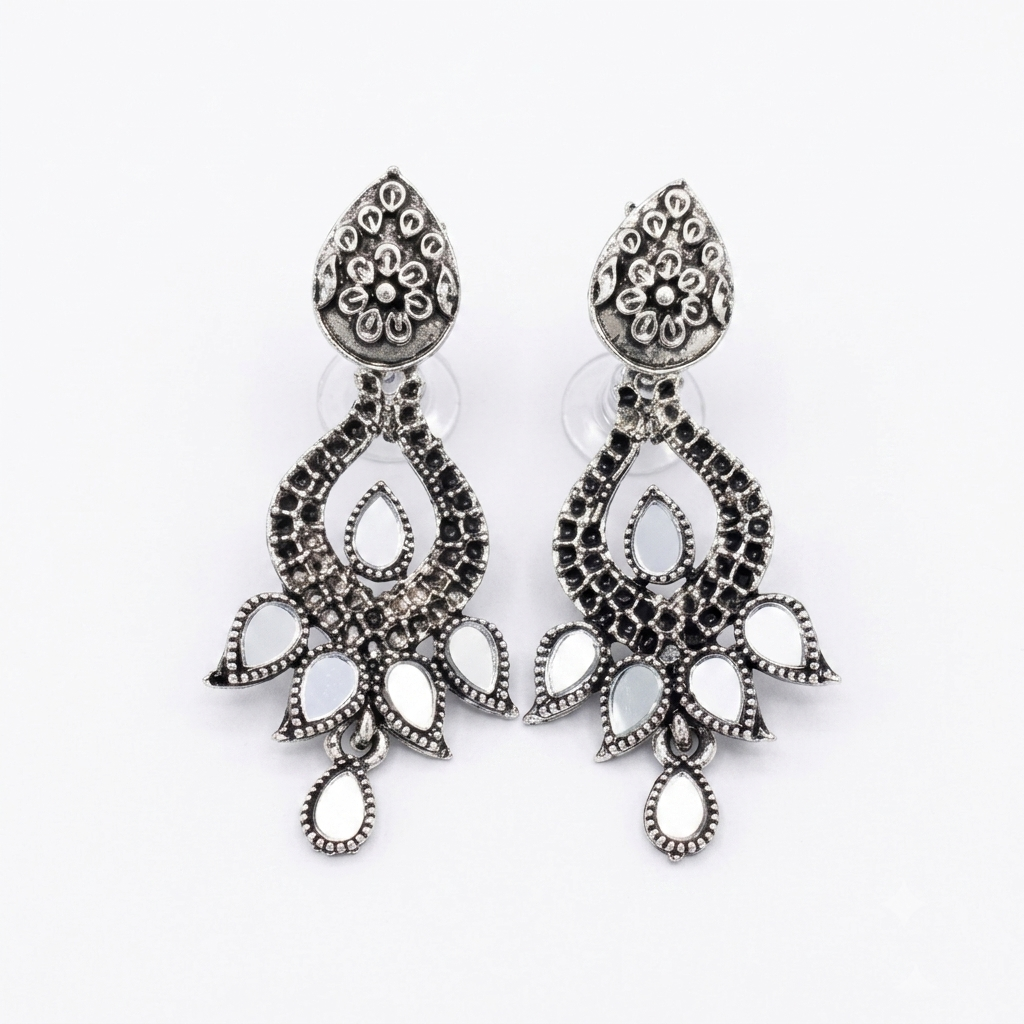 Oxidized Alloy Metal Statement Necklace Set with Matching Earrings With Maang Tikha