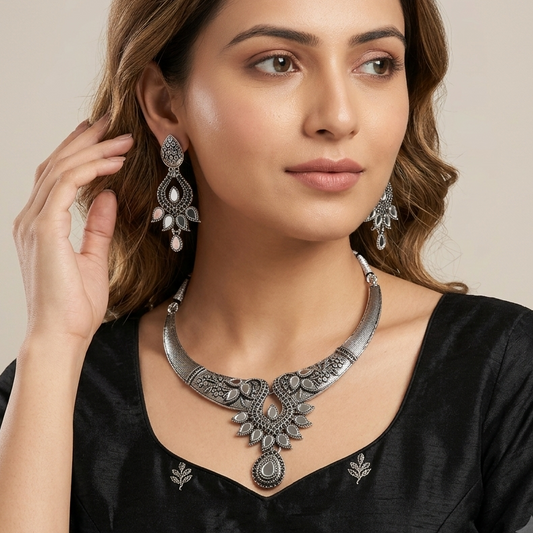 Oxidized Alloy Metal Statement Necklace Set with Matching Earrings With Maang Tikha