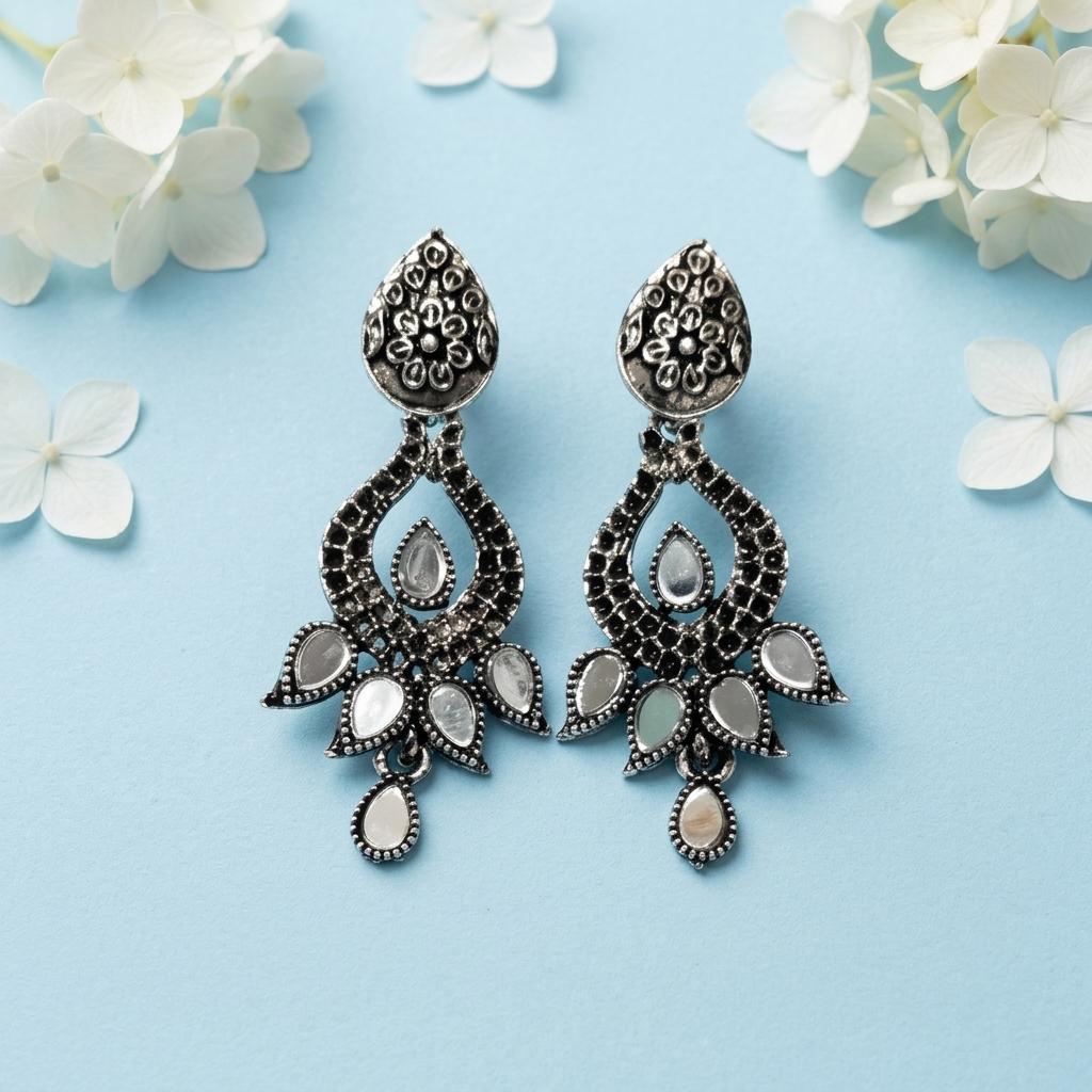 Oxidized Alloy Metal Statement Necklace Set with Matching Earrings With Maang Tikha