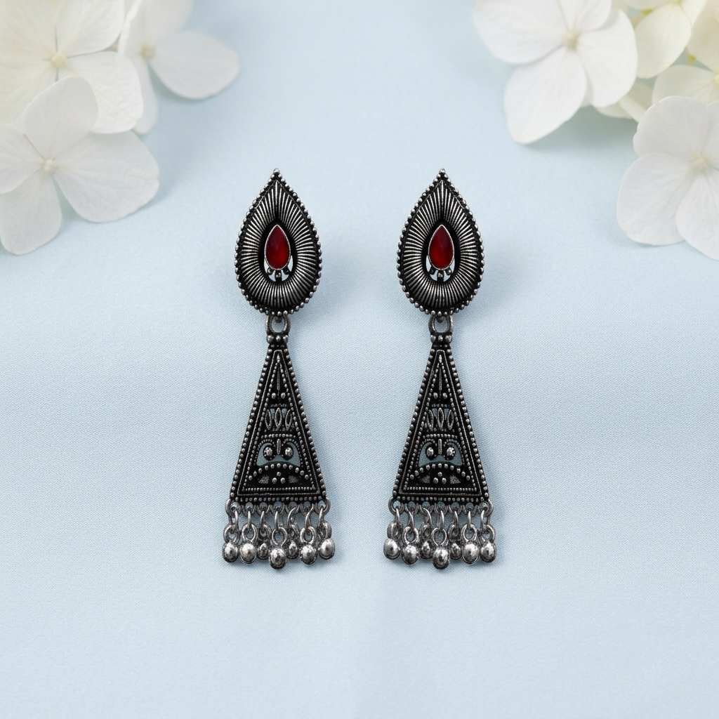 Maroon Stone Triangular Earrings