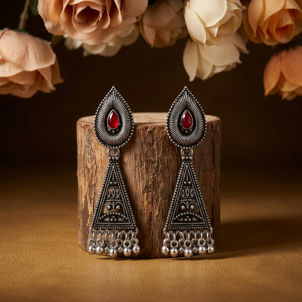 Maroon Stone Triangular Earrings
