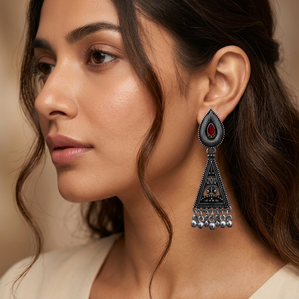 Maroon Stone Triangular Earrings