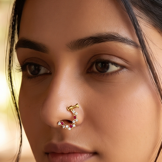 Floral Loop Nose Pin Maroon Stones