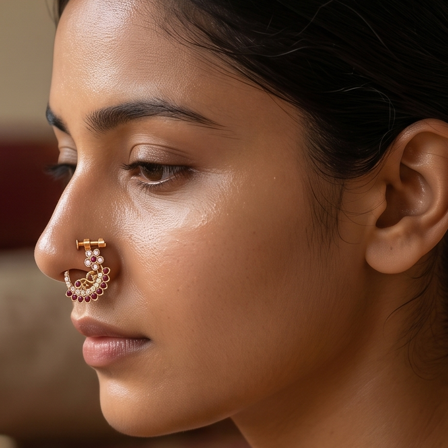 Maroon White Stone Nath Nose Pin