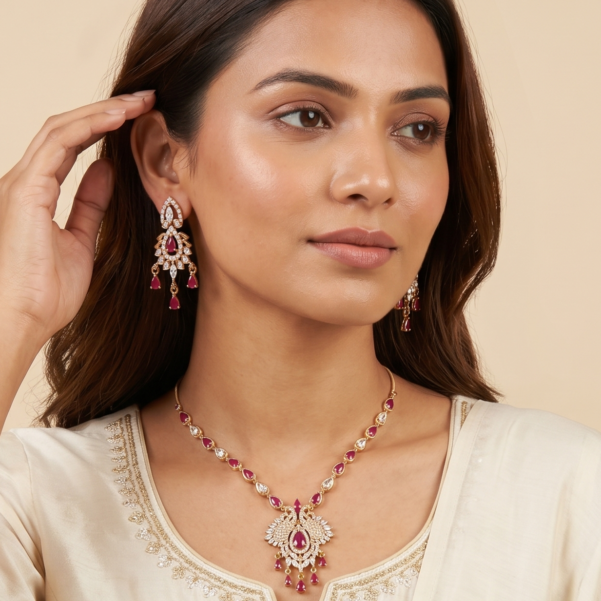 Crimson Red And White Stone Necklace Set