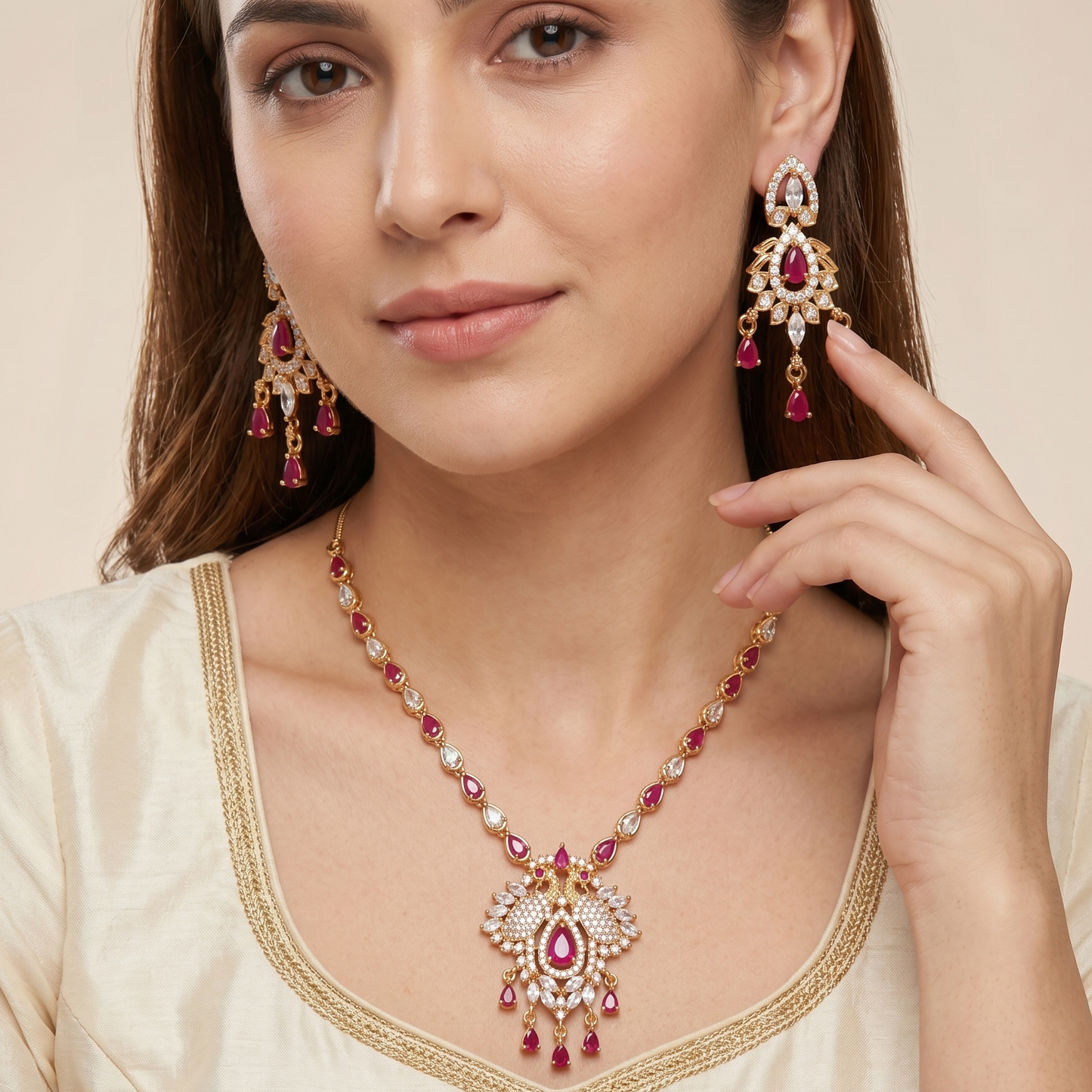 Crimson Red And White Stone Necklace Set