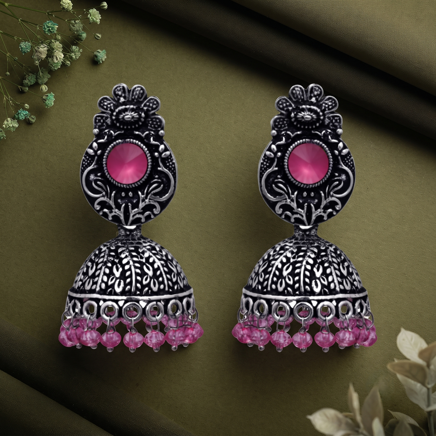Pink Stone Dangle Jhumka Earrings