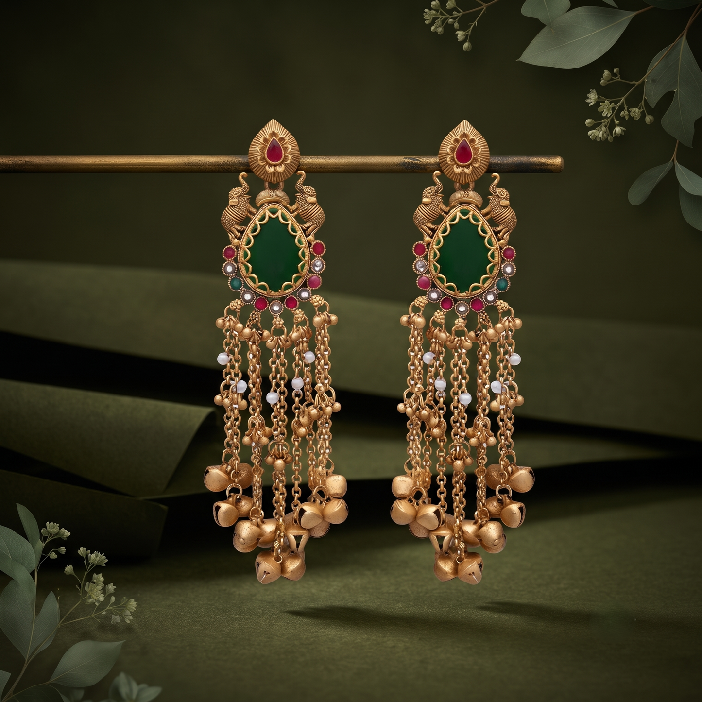 Long Green Maroon Stone Jhumka