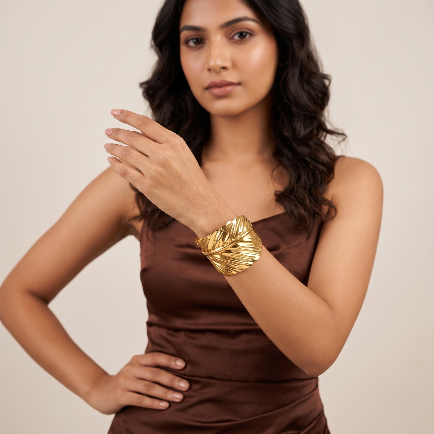 Gold Toned Brass Leaf Wrap Cuff Bangle