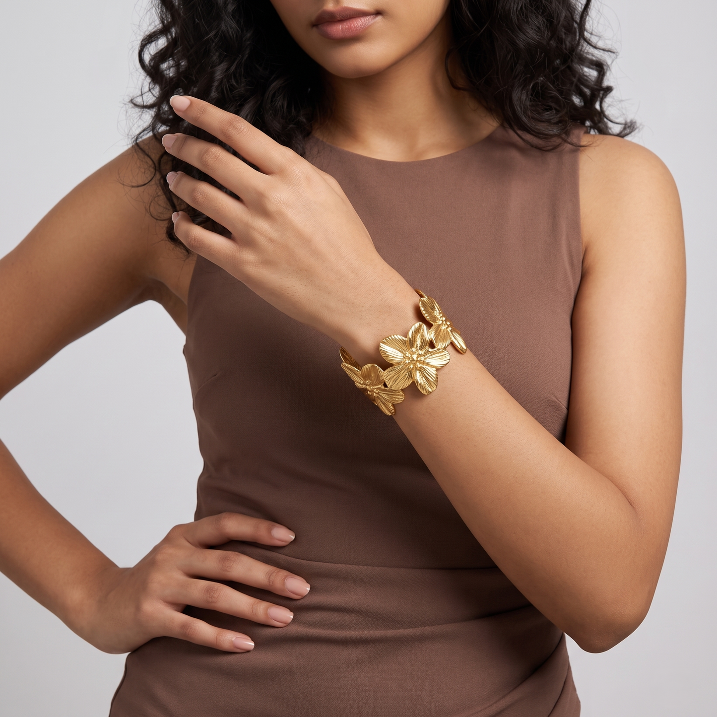 Gold Toned Brass Floral Cutout Cuff Bangle