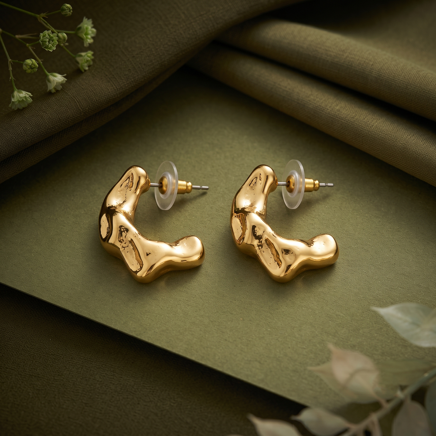 Gold Plated Brass Melted Organic Hoop Earrings