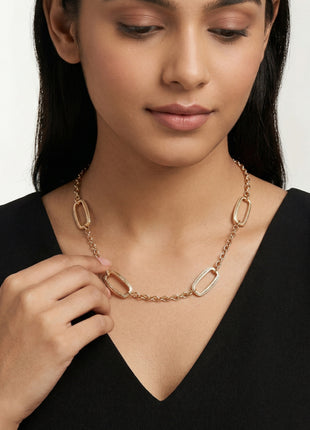 Rose Gold-Plated Brass Geometric Oval Link Stone-Studded Chain Necklace