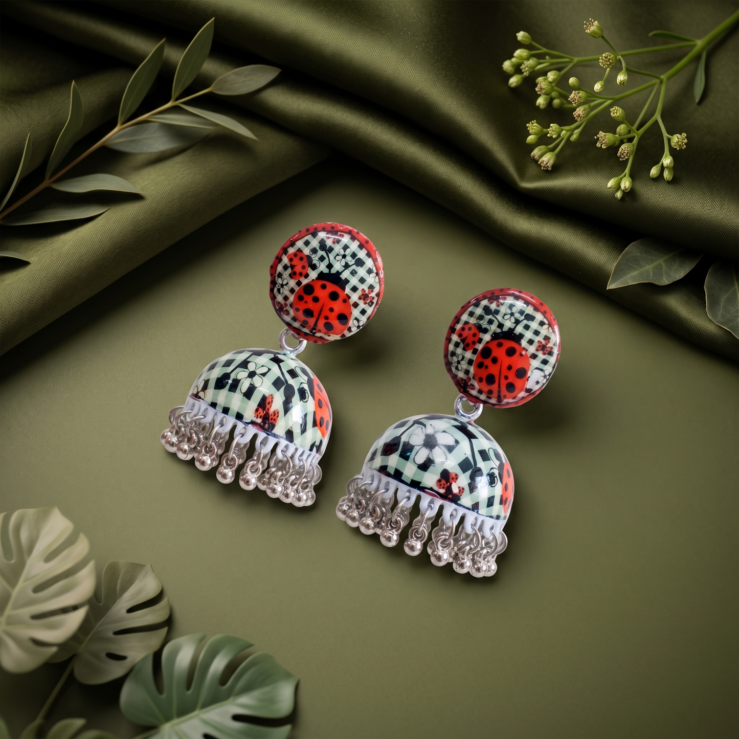 Silver Toned Brass Ladybug Print Jhumka Earrings