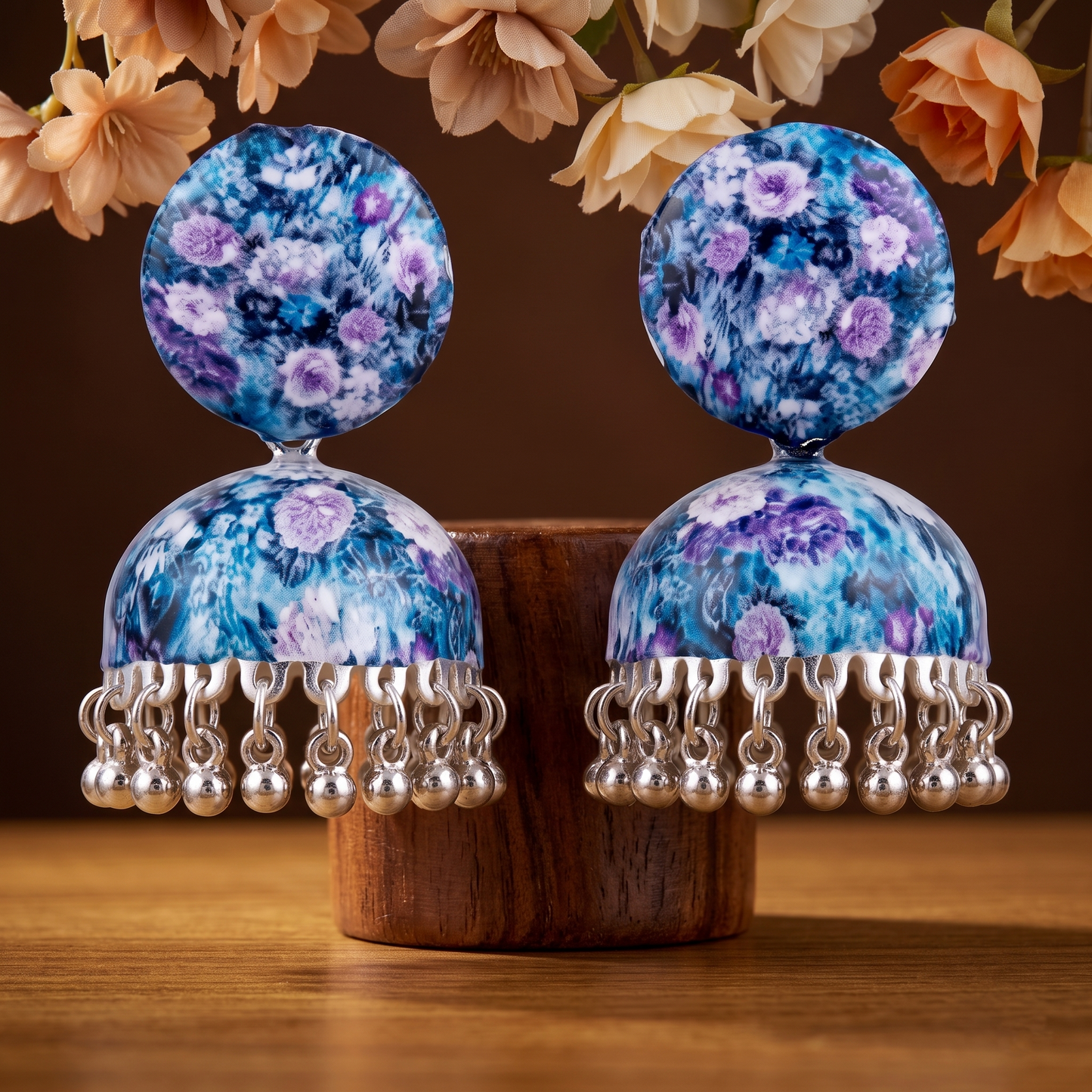 Silver Toned Brass Blue Floral Print Jhumka Earrings
