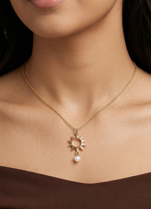 Celestial Radiance 18K Gold Plated Sunburst Pendant Necklace with Hanging Freshwater Pearl