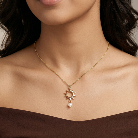 Celestial Radiance 18K Gold Plated Sunburst Pendant Necklace with Hanging Freshwater Pearl