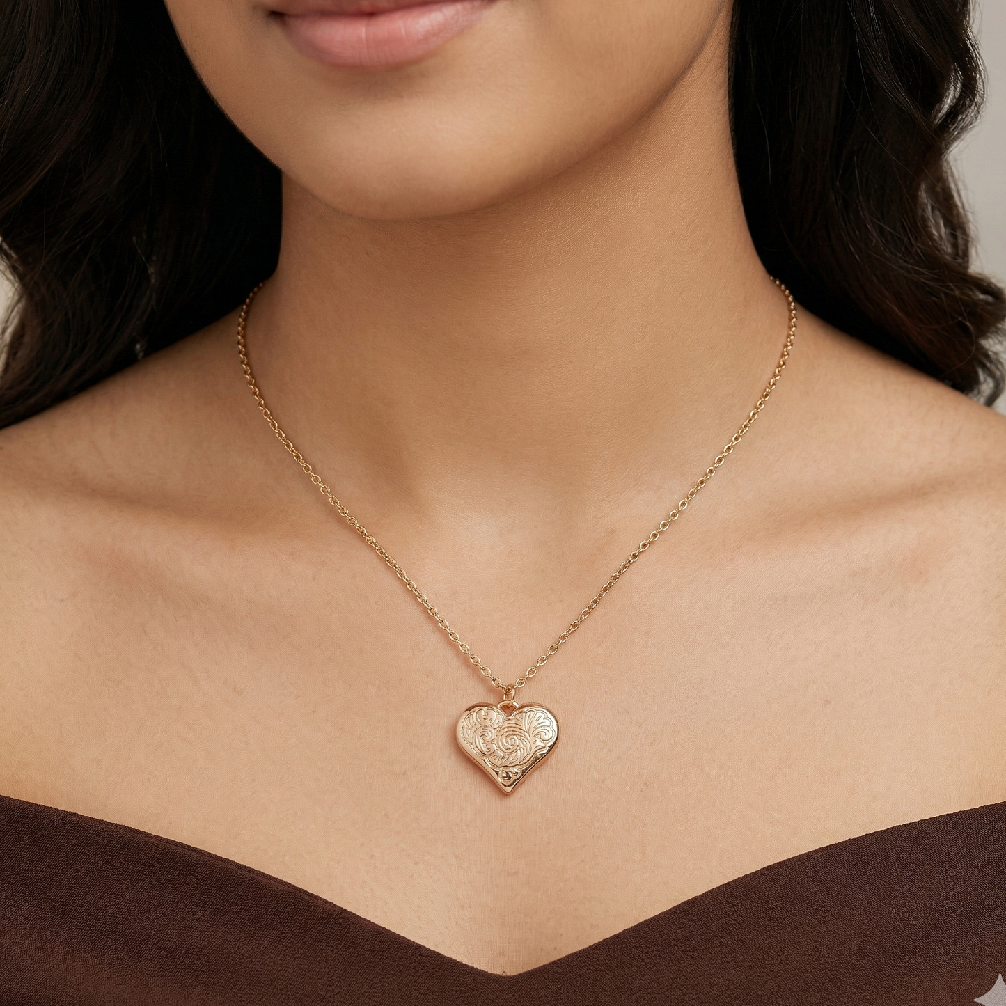 Rose Engraved Heart Intricate Swirl Filigree Design
