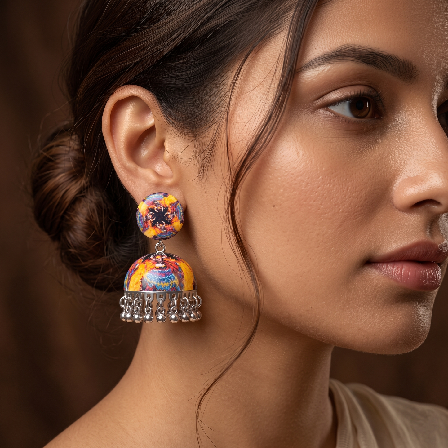 Silver Toned Brass Tribal Print Jhumka Earrings