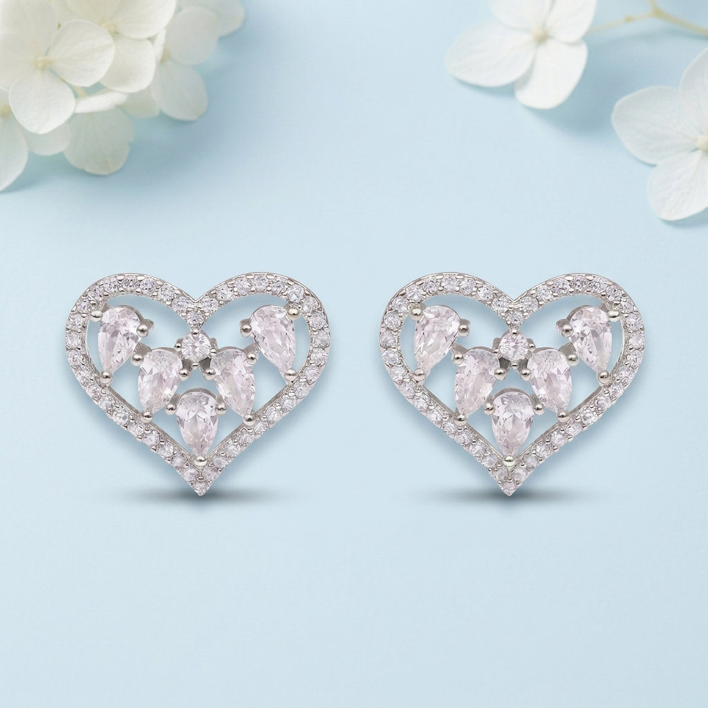 Silver-Tone Heart Shaped Stone Stud Earrings