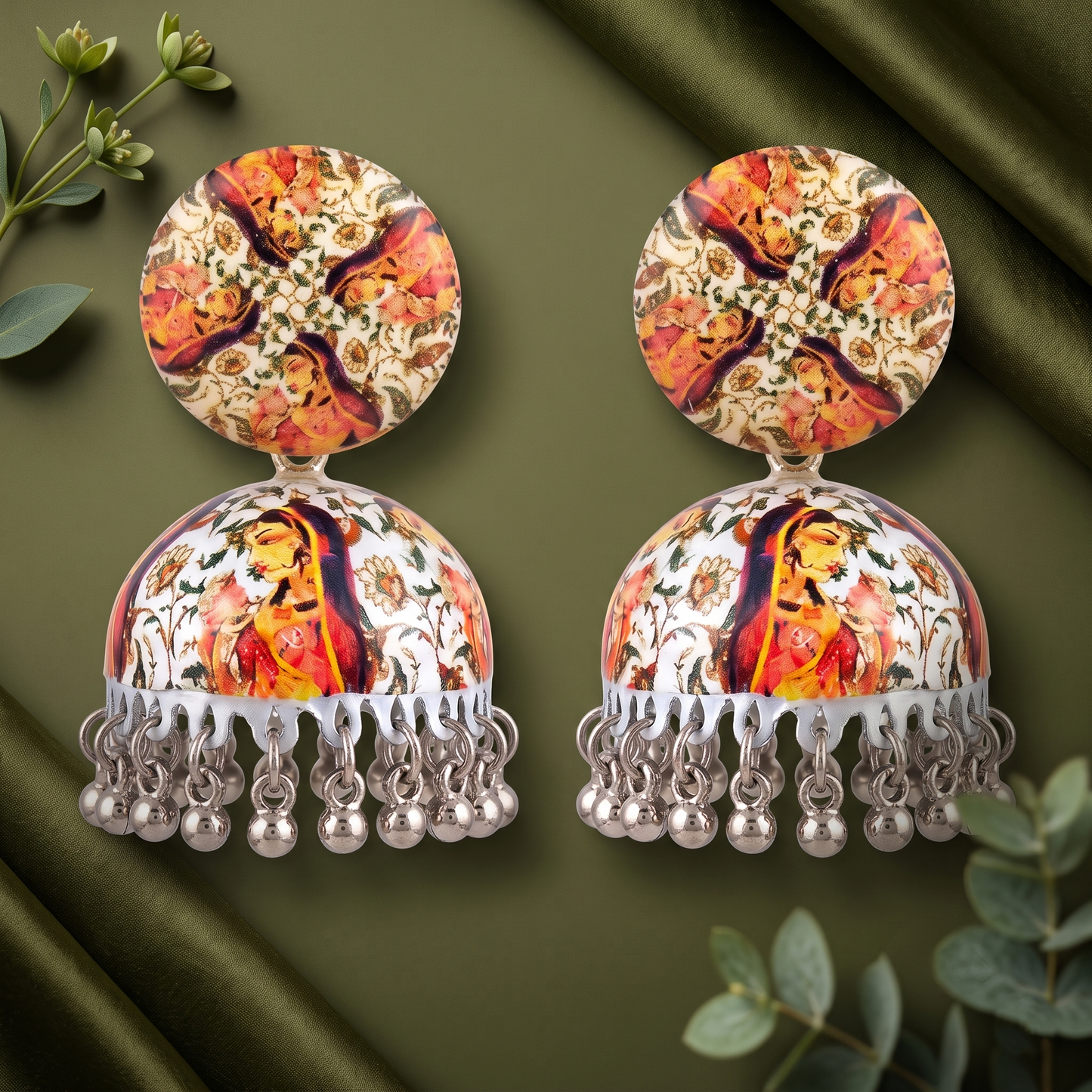 Silver Toned Brass Orange Floral Print Jhumka Earrings